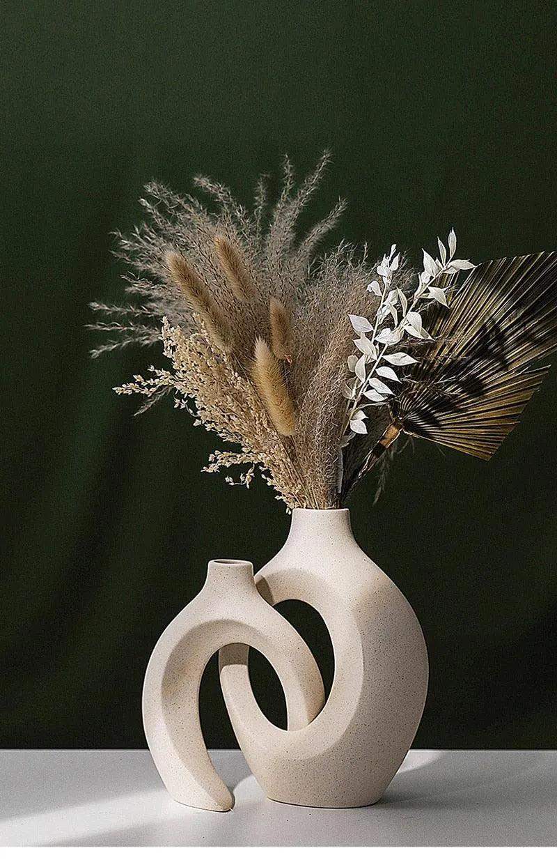 Nordic Beige Ceramic Vase 2Pcs/Set │ White Matte Flower Pots for Pampas Grass - Besontique Home
