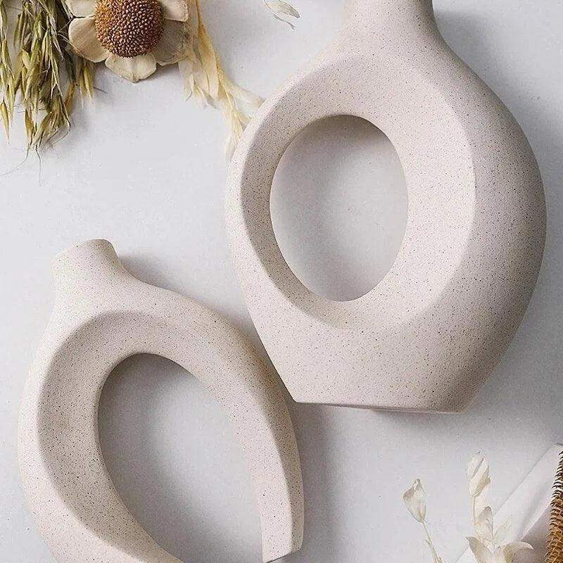 Nordic Beige Ceramic Vase 2Pcs/Set │ White Matte Flower Pots for Pampas Grass - Besontique Home