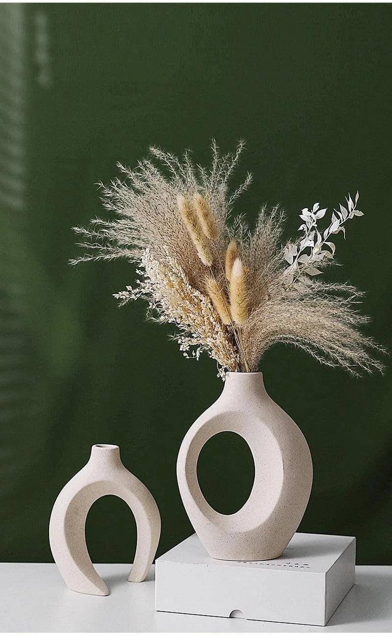 Nordic Beige Ceramic Vase 2Pcs/Set │ White Matte Flower Pots for Pampas Grass │ Living Room Home Decoration Gifts - Besontique Home