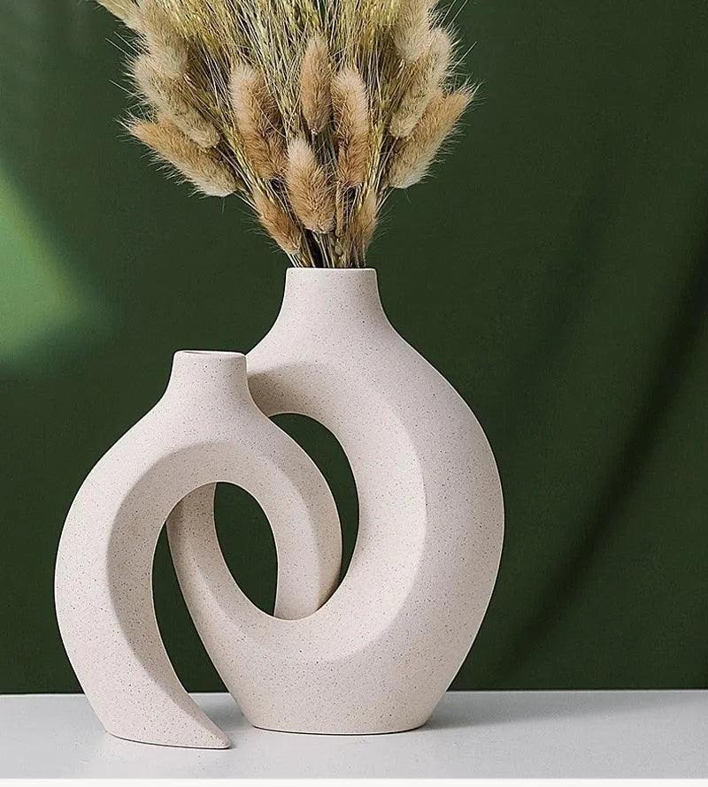 Nordic Beige Ceramic Vase 2Pcs/Set │ White Matte Flower Pots for Pampas Grass │ Living Room Home Decoration Gifts - Besontique Home