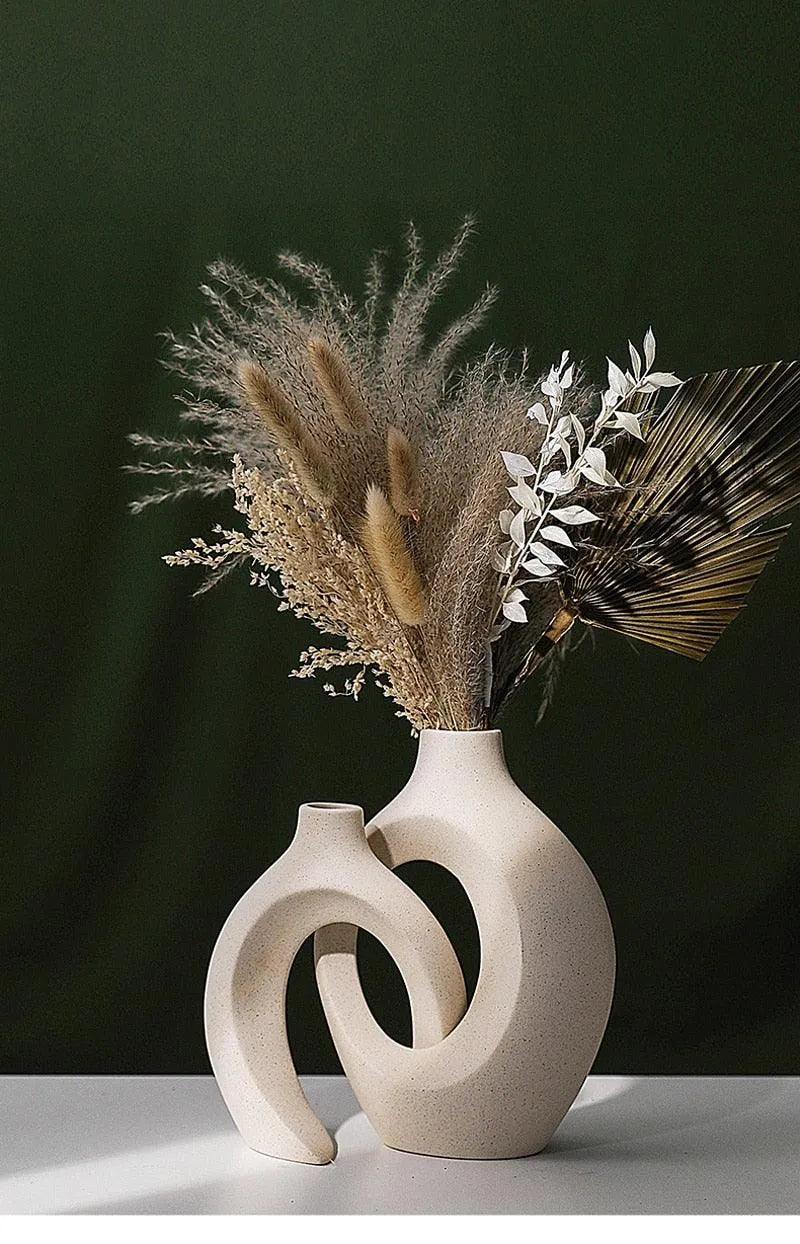 Nordic Beige Ceramic Vase 2Pcs/Set │ White Matte Flower Pots for Pampas Grass │ Living Room Home Decoration Gifts - Besontique Home