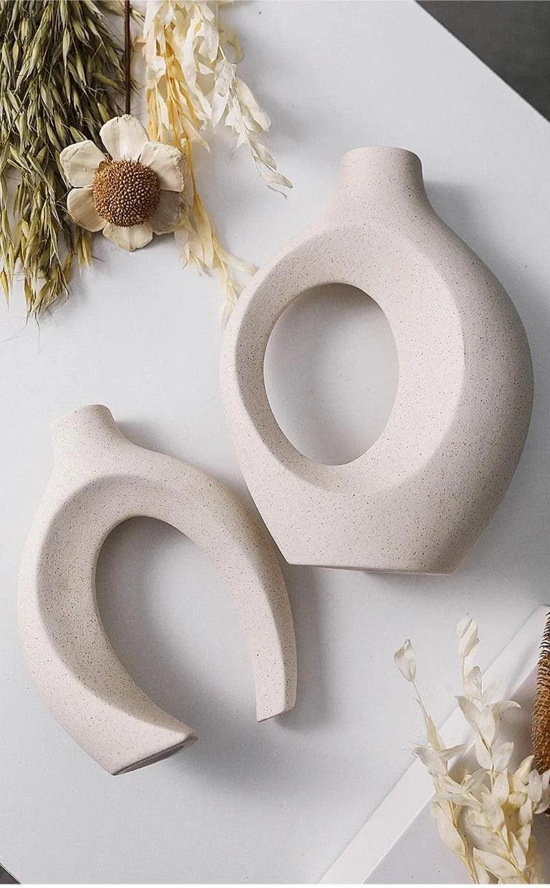 Nordic Beige Ceramic Vase 2Pcs/Set │ White Matte Flower Pots for Pampas Grass │ Living Room Home Decoration Gifts - Besontique Home