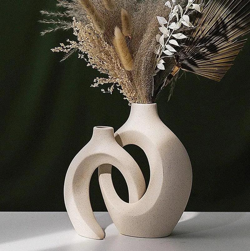Nordic Beige Ceramic Vase 2Pcs/Set │ White Matte Flower Pots for Pampas Grass │ Living Room Home Decoration Gifts - Besontique Home