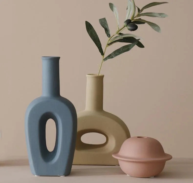 Nordic Ceramic Flower Vase │ Geometric Art Decorative Pot │ Neutral Tone Color Home Decoration - Besontique Home