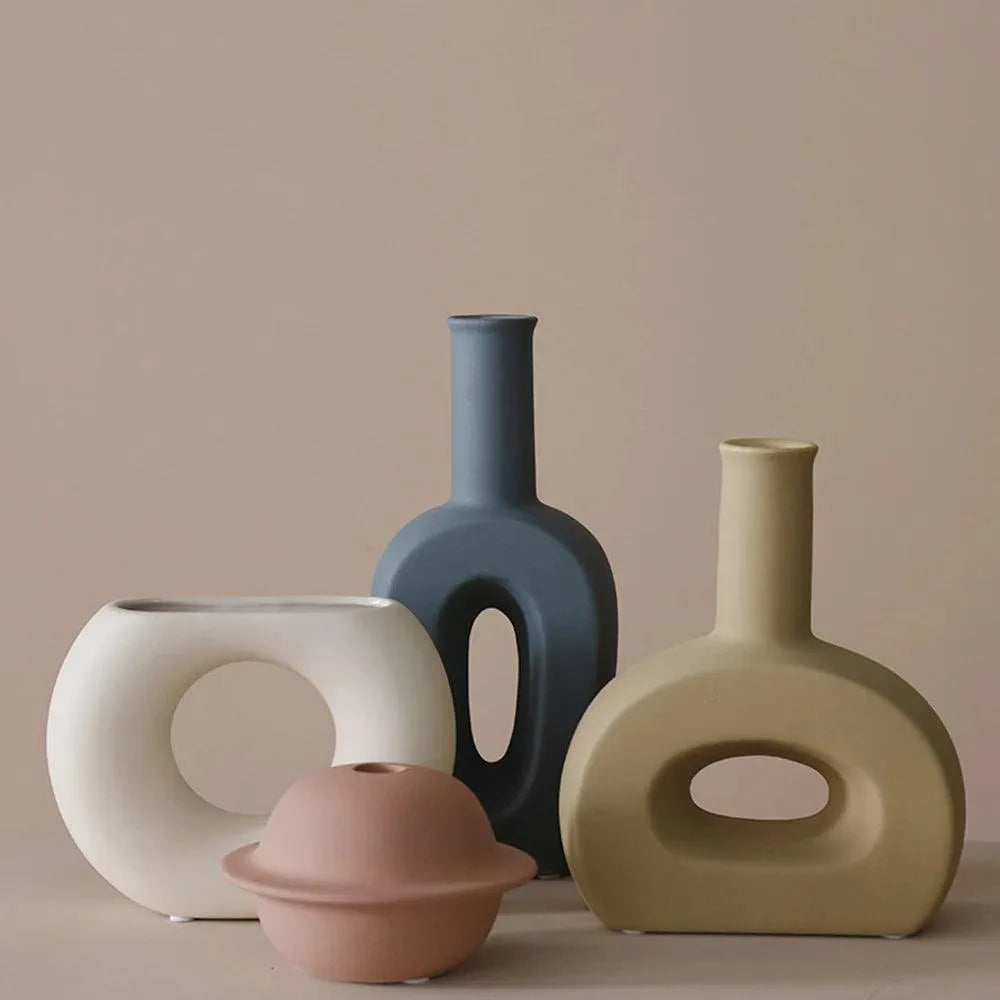 Nordic Ceramic Flower Vase │ Geometric Art Decorative Pot │ Neutral Tone Color Home Decoration - Besontique Home