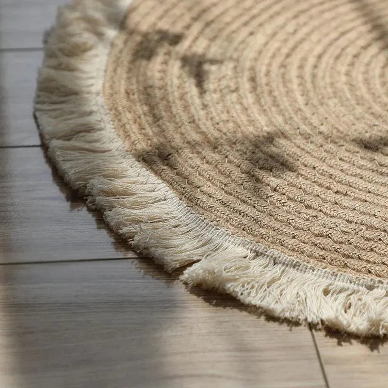 Round Woven Carpet Handmade Jute Rattan Carpet With Tassel │ For Modern Vintage Room Decor - Besontique Home