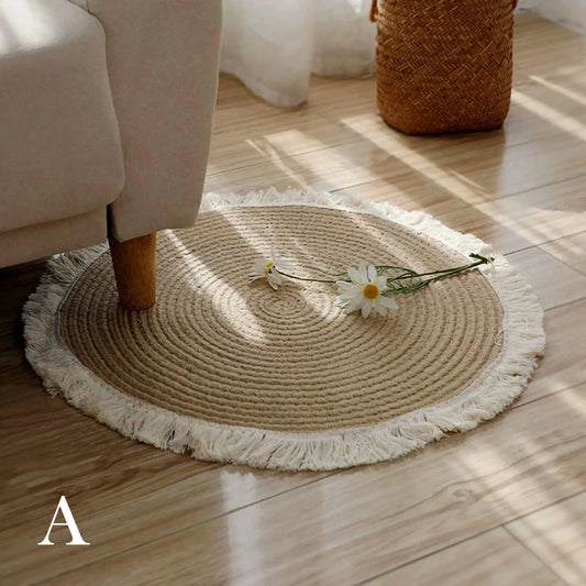 Round Woven Carpet Handmade Jute Rattan Carpet With Tassel │ For Modern Vintage Room Decor - Besontique Home