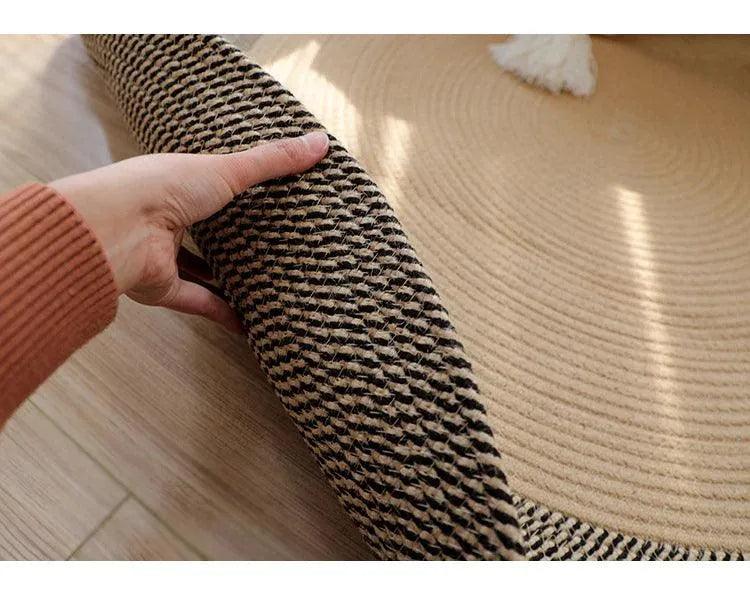 Round Woven Carpet Handmade Jute Rattan Carpet With Tassel │ For Modern Vintage Room Decor - Besontique Home