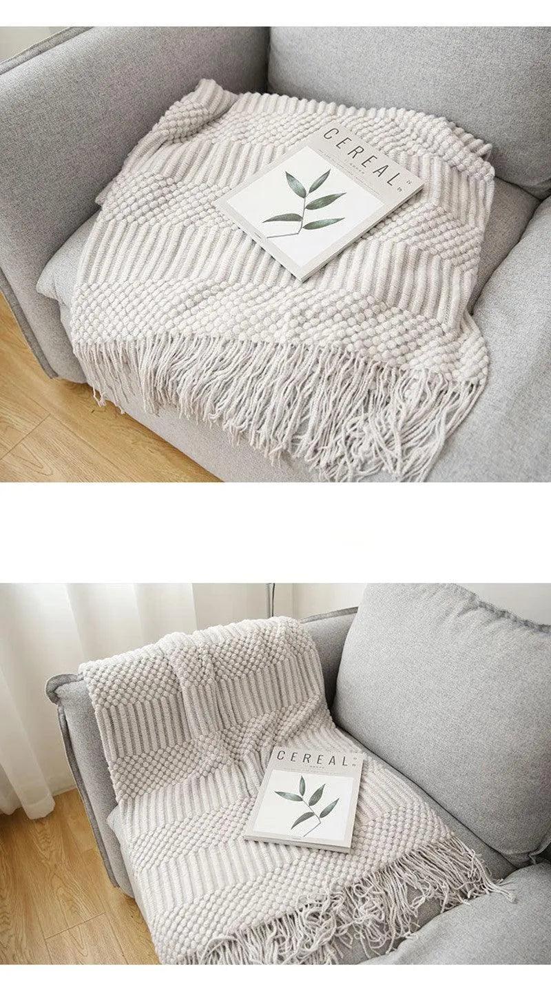 Simple Nordic Throw Blanket with Tassel │ Neutral Color Woven Blankets Bedspread - Besontique Home