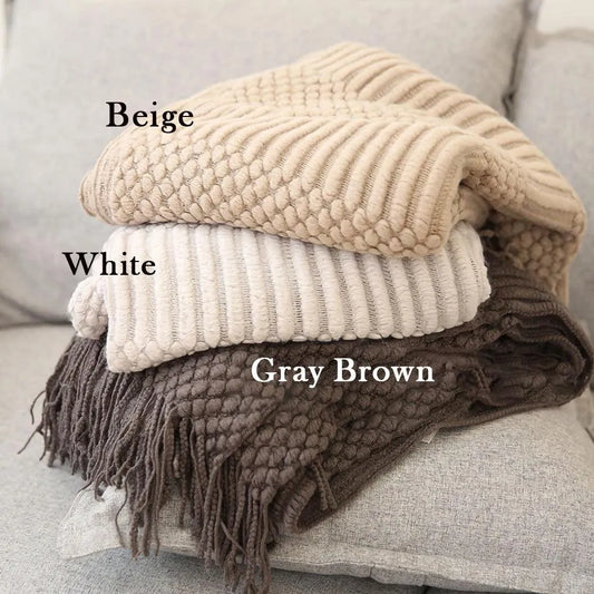 Simple Nordic Throw Blanket with Tassel │ Neutral Color Woven Blankets Bedspread - Besontique Home