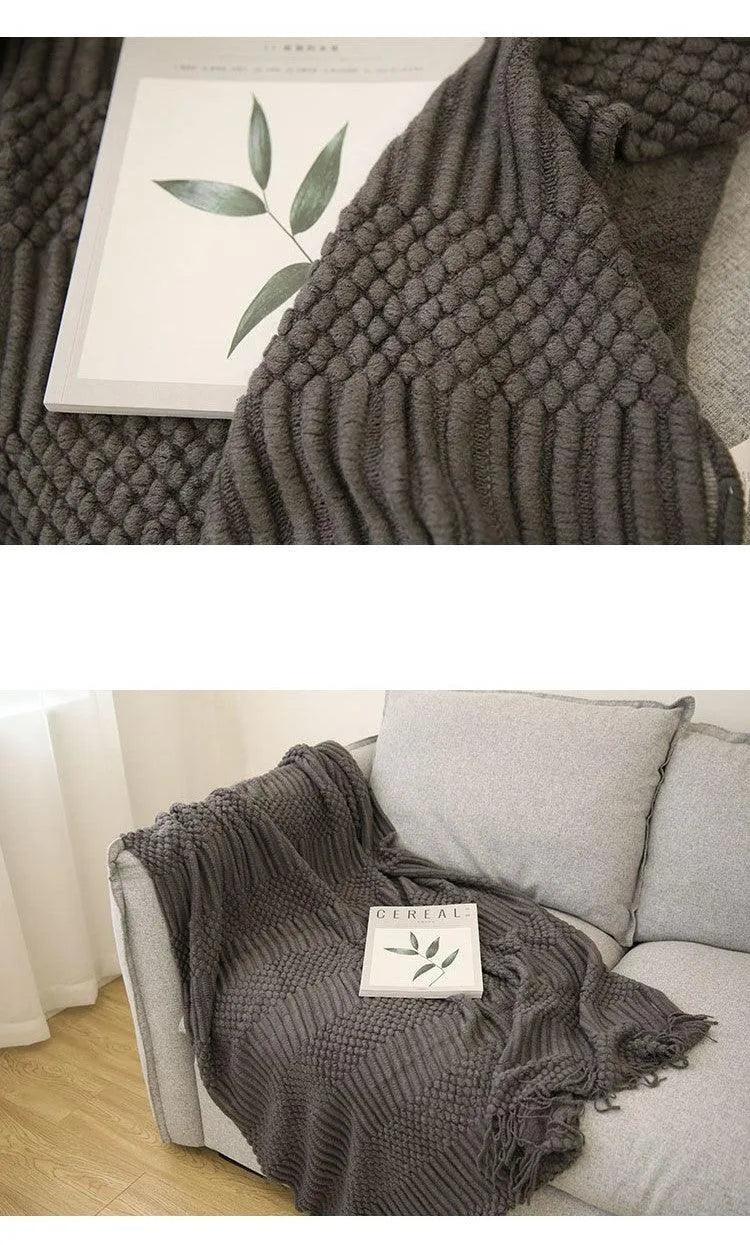 Simple Nordic Throw Blanket with Tassel │ Neutral Color Woven Blankets Bedspread - Besontique Home