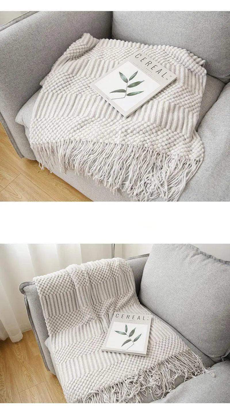 Simple Nordic Throw Blanket with Tassel │ Neutral Color Woven Blankets Bedspread - Besontique Home