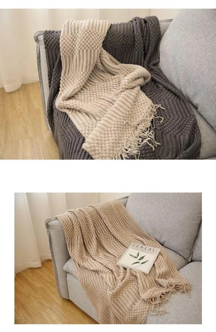 Simple Nordic Throw Blanket with Tassel │ Neutral Color Woven Blankets Bedspread - Besontique Home