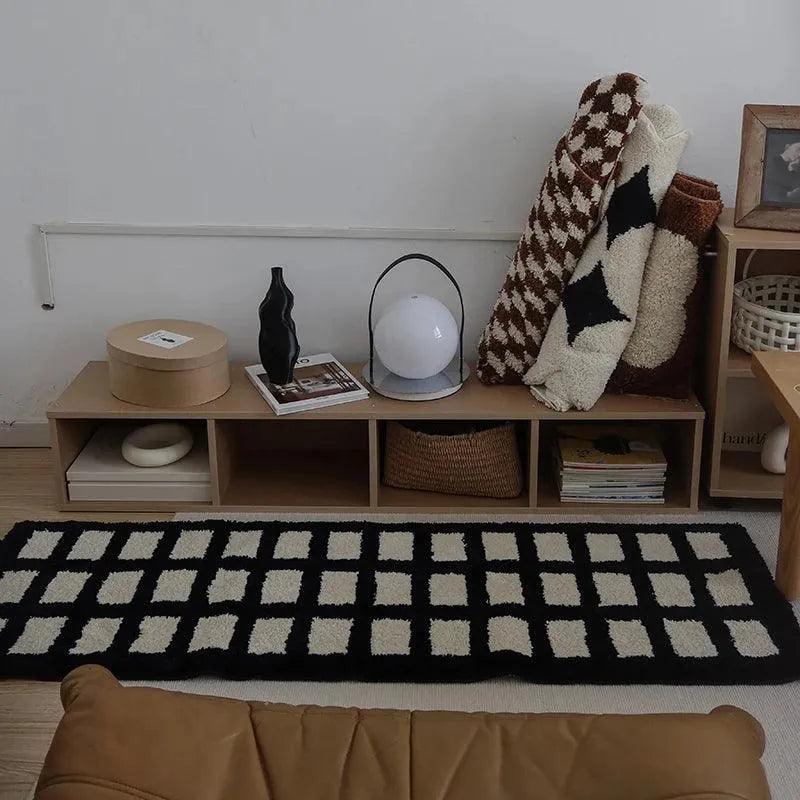 Tufting Black White Grids Bedside Rug │ Geometric Soft Long Carpet │ For Aesthetic Bedroom Home Decor - Besontique Home
