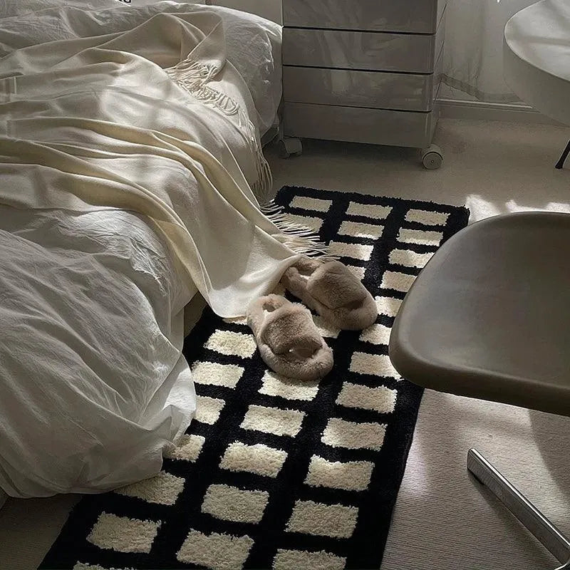 Tufting Black White Grids Bedside Rug │ Geometric Soft Long Carpet │ For Aesthetic Bedroom Home Decor - Besontique Home
