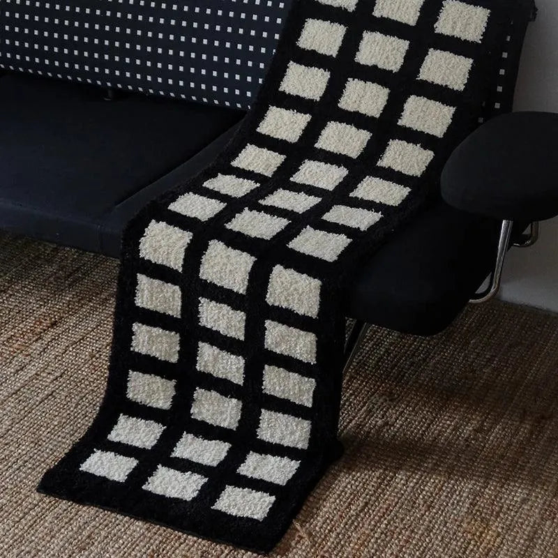 Tufting Black White Grids Bedside Rug │ Geometric Soft Long Carpet │ For Aesthetic Bedroom Home Decor - Besontique Home