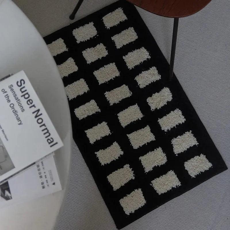 Tufting Black White Grids Bedside Rug │ Geometric Soft Long Carpet │ For Aesthetic Bedroom Home Decor - Besontique Home