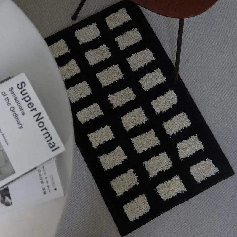 Tufting Black White Grids Bedside Rug │ Geometric Soft Long Carpet │ For Aesthetic Bedroom Home Decor - Besontique Home
