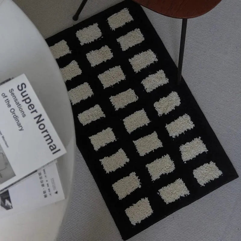 Tufting Black White Grids Bedside Rug │ Geometric Soft Long Carpet │ For Aesthetic Bedroom Home Decor - Besontique Home