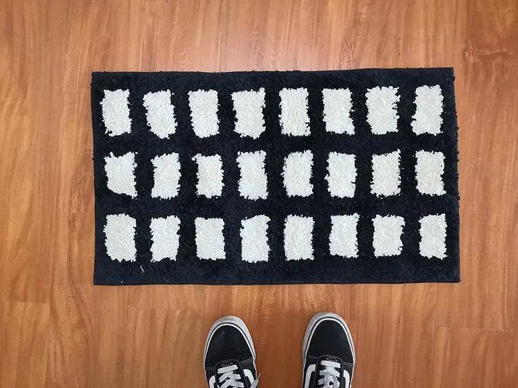 Tufting Black White Grids Bedside Rug │ Geometric Soft Long Carpet │ For Aesthetic Bedroom Home Decor - Besontique Home