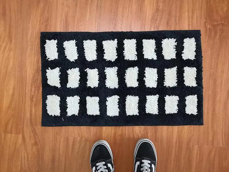 Tufting Black White Grids Bedside Rug │ Geometric Soft Long Carpet │ For Aesthetic Bedroom Home Decor - Besontique Home