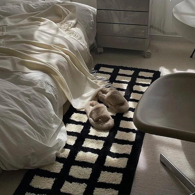 Tufting Black White Grids Bedside Rug │ Geometric Soft Long Carpet │ For Aesthetic Bedroom Home Decor - Besontique Home