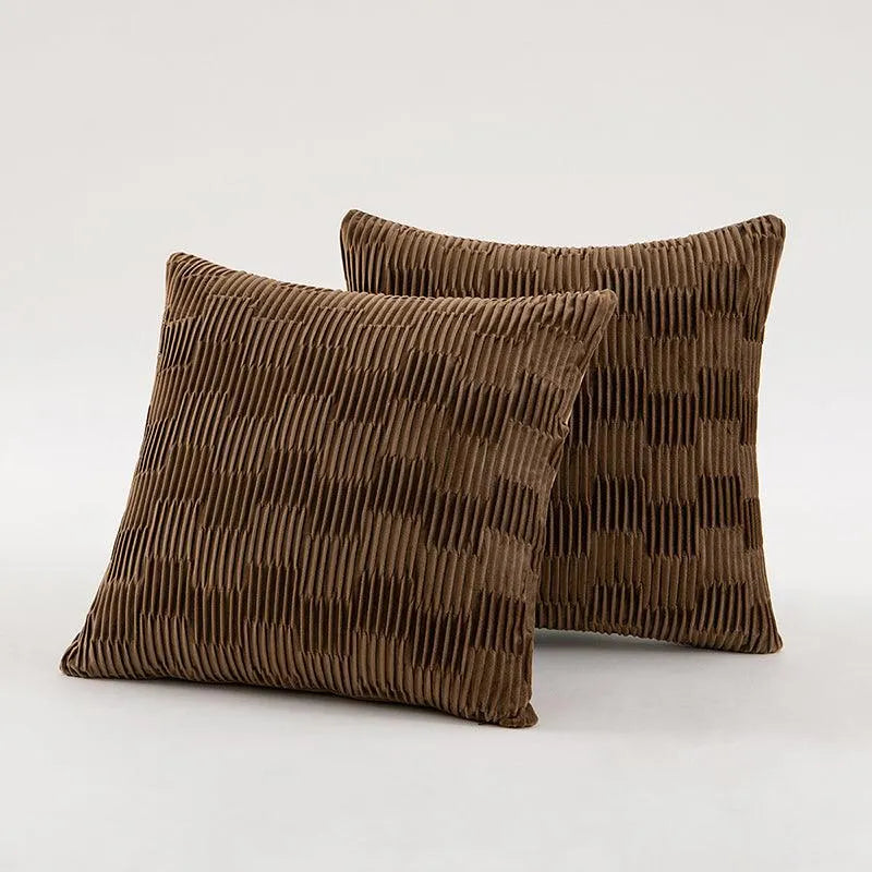 Velvet Solid Color Cushion Cover (Brown / White)│ Modern Simple Line Pleated Decorative Pillowcase - Besontique Home