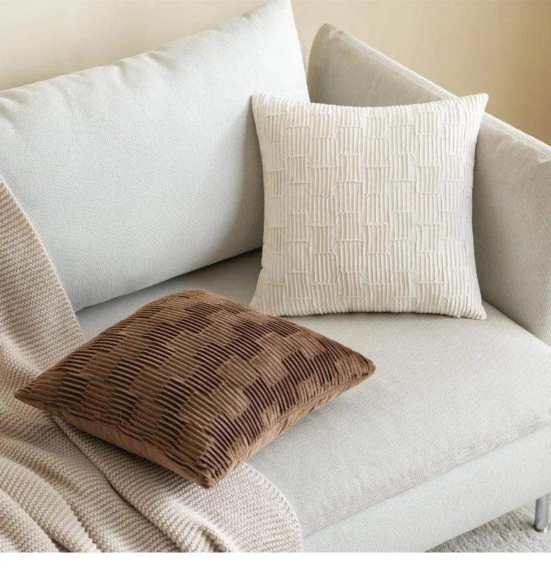 Velvet Solid Color Cushion Cover (Brown / White)│ Modern Simple Line Pleated Decorative Pillowcase - Besontique Home