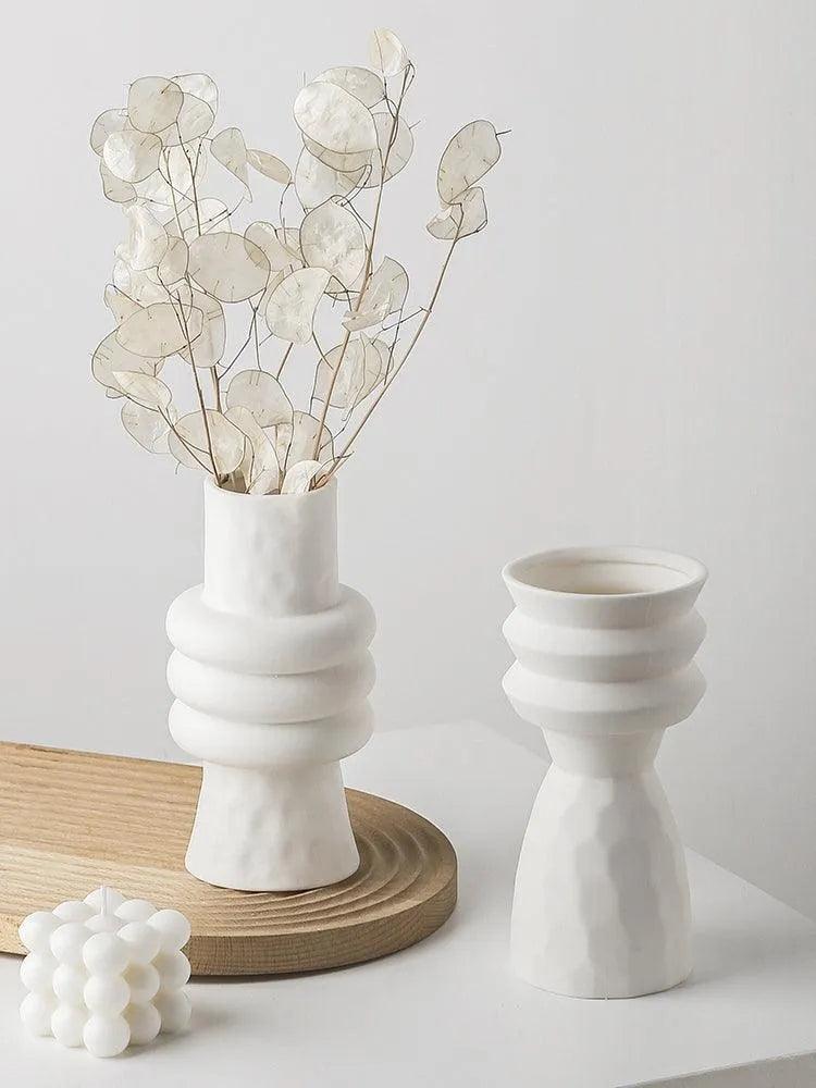 White Nordic Ceramics Dried Flower Vase │ Home Ornaments Flower Pot Vases Set - Besontique Home