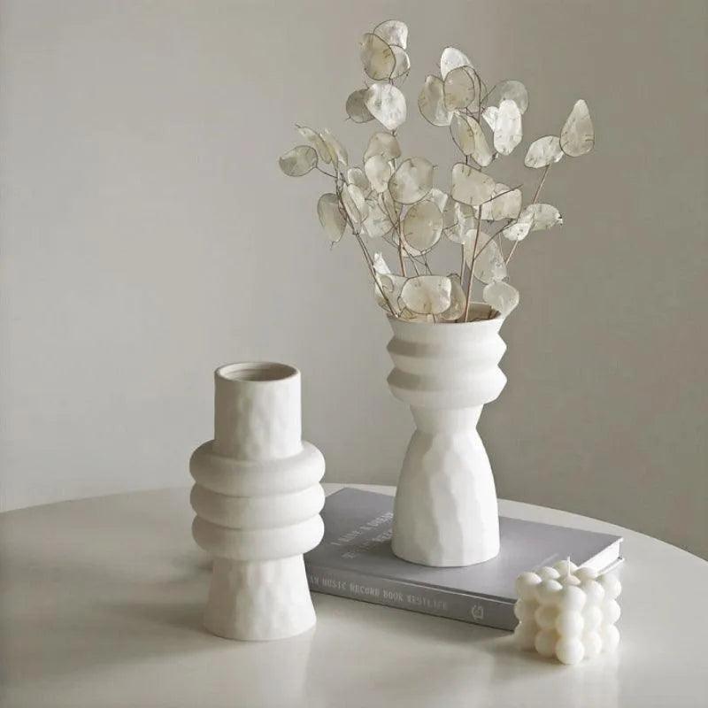 White Nordic Ceramics Dried Flower Vase │ Home Ornaments Flower Pot Vases Set - Besontique Home