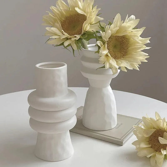 White Nordic Ceramics Dried Flower Vase │ Home Ornaments Flower Pot Vases Set - Besontique Home