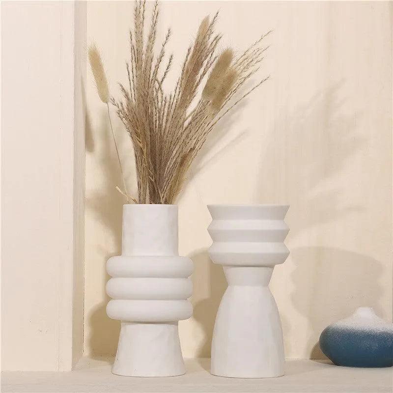 White Nordic Ceramics Dried Flower Vase │ Home Ornaments Flower Pot Vases Set - Besontique Home