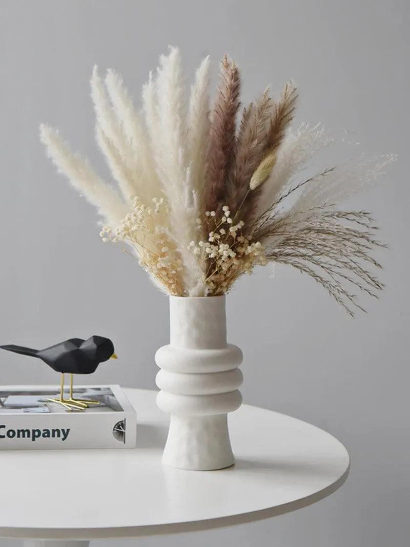 White Nordic Ceramics Dried Flower Vase │ Home Ornaments Flower Pot Vases Set - Besontique Home