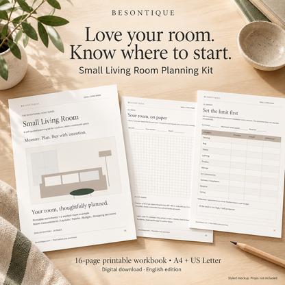 Three printed pages from a Besontique Small Living Room Planning Kit are arranged on a light wood surface with a plant, bowl, and pencil nearby. The pages show minimalist room-planning worksheets and cover pages.