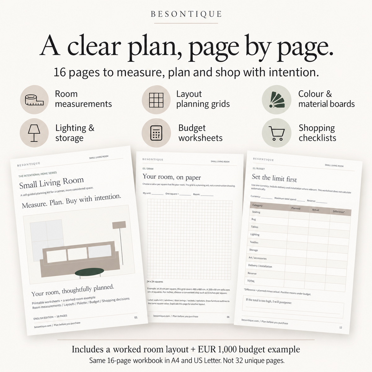 Promotional graphic for the Besontique 'A clear plan, page by page.' room measurement workbook, showing six interior planning pages and feature icons on a light beige background.