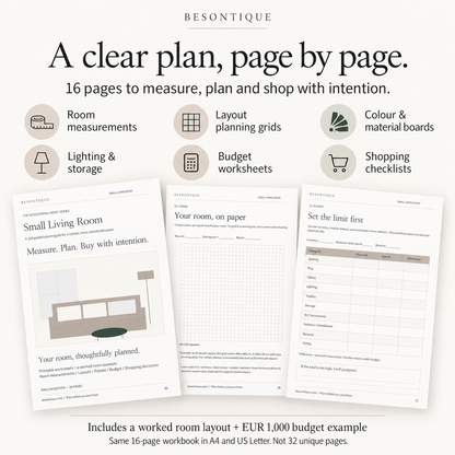 Promotional graphic for the Besontique 'A clear plan, page by page.' room measurement workbook, showing six interior planning pages and feature icons on a light beige background.