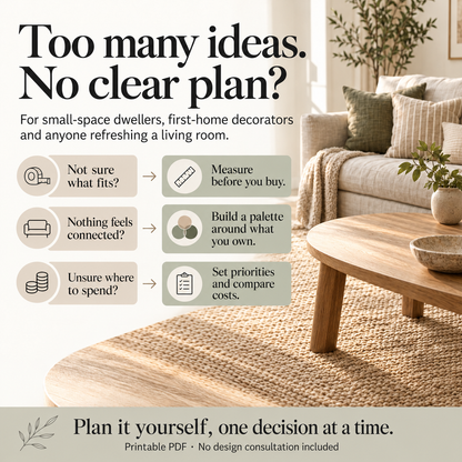 A promotional graphic for a printable home decor guide, featuring a styled living room with a round woven area rug, wooden coffee table, and beige sofa. The text reads 'Too many ideas.