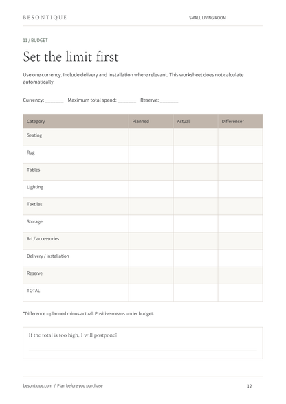 A budgeting worksheet page titled '12. BUDGET' with the heading 'Set the limit first' and fields for currency, maximum total spend, and reserve.