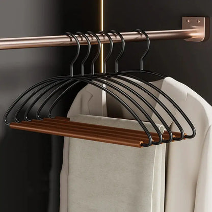 10pcs Luxury Beech Wood Clothes Hangers │ Seamless Iron Wardrobe Clothes Rack with Wood Bar  - Besontique Home