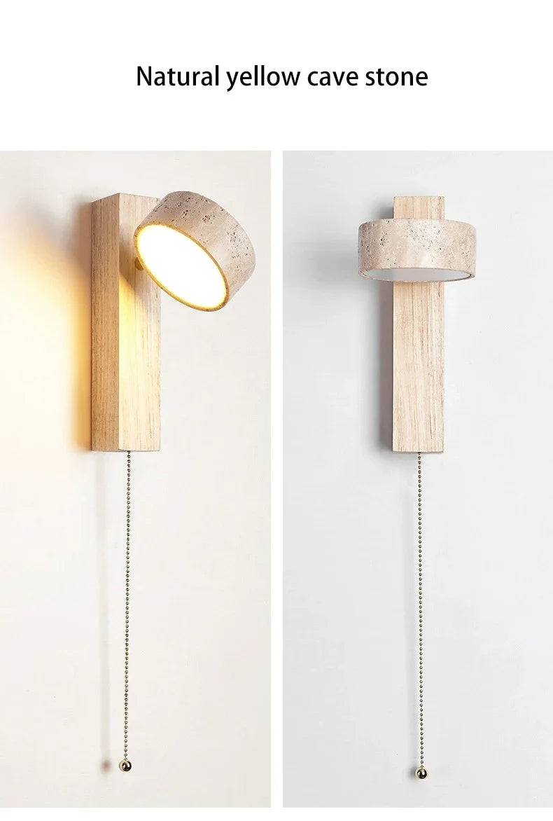 Japandi Natural Stone Wood Wall Lighting With Pull Switch │ Modern Vintage Style Round LED Sconce Wall Light