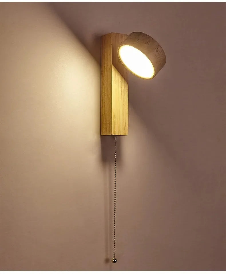 Japandi Natural Stone Wood Wall Lighting With Pull Switch │ Modern Vintage Style Round LED Sconce Wall Light