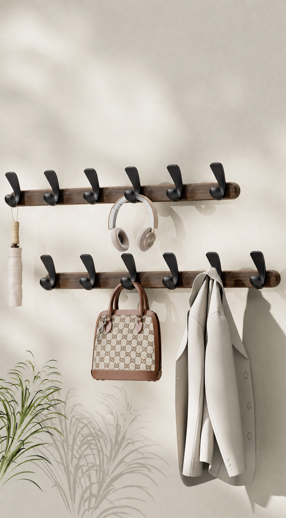 Modern Walnut Moon Shape Coat Rack (White/Black)│ Wall Mounted Wooden Metal Hooks