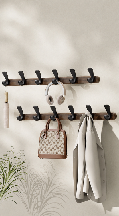 Modern Walnut Moon Shape Coat Rack (White/Black)│ Wall Mounted Wooden Metal Hooks