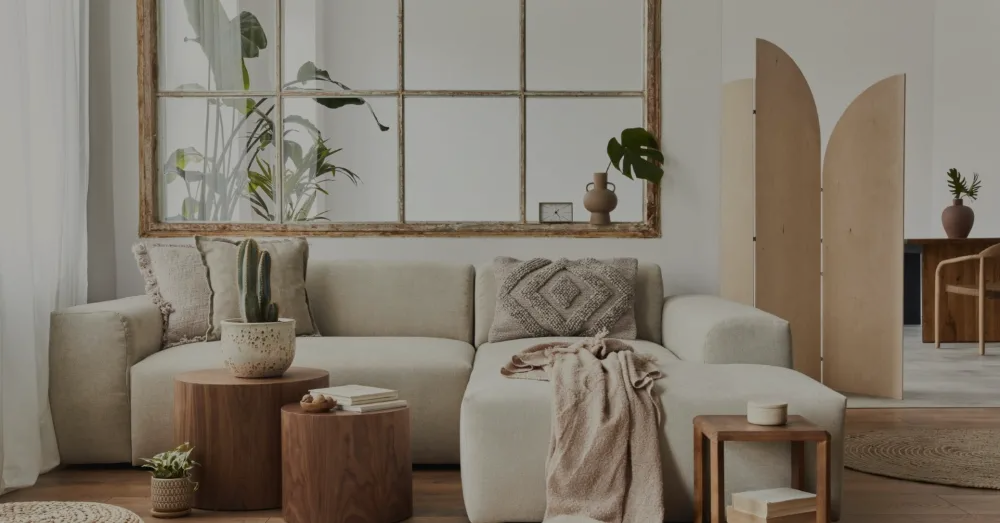 Living room with a beige sofa, wooden coffee table, and decorative mirror.