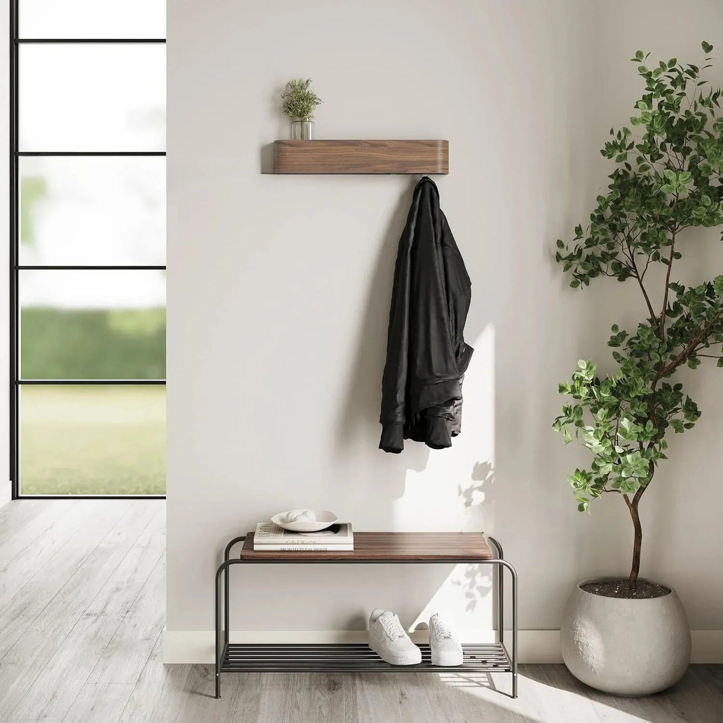Modern Wooden Entrance Wall Mounted Clothing Rack Shelf with hidden hooks Besontique Home Decor