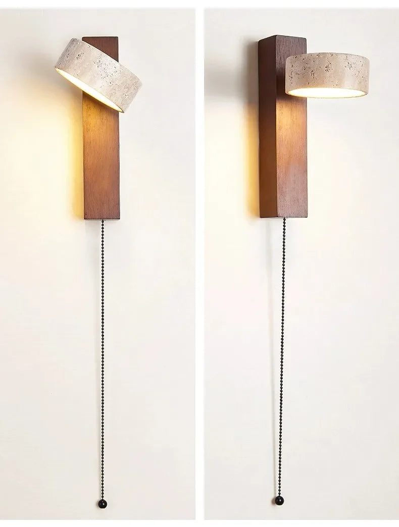 Japandi Natural Stone Wood Wall Lighting With Pull Switch │ Modern Vintage Style Round LED Sconce Wall Light