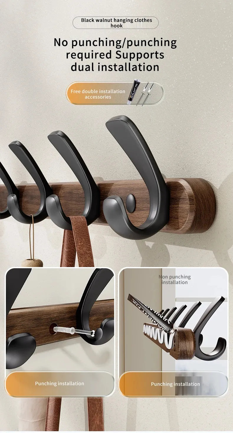 Modern Walnut Moon Shape Coat Rack (White/Black)│ Wall Mounted Wooden Metal Hooks
