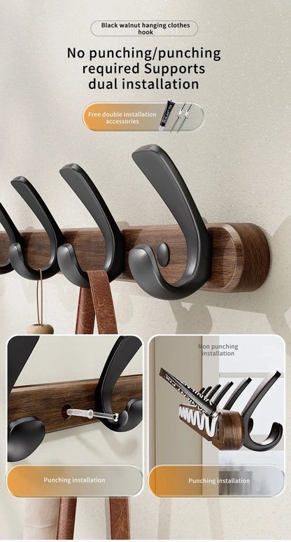 Modern Walnut Moon Shape Coat Rack (White/Black)│ Wall Mounted Wooden Metal Hooks