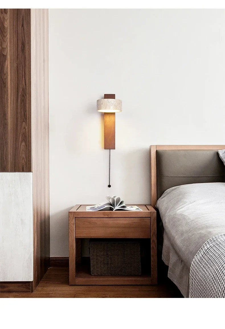 Japandi Natural Stone Wood Wall Lighting With Pull Switch │ Modern Vintage Style Round LED Sconce Wall Light