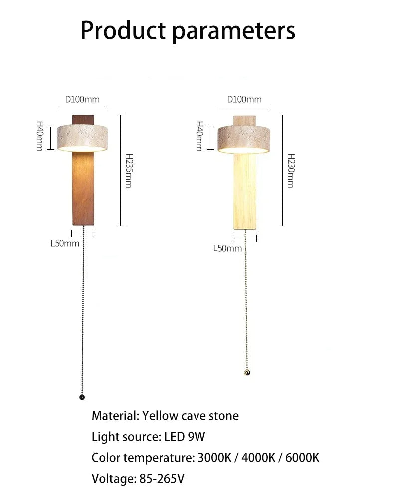 Japandi Natural Stone Wood Wall Lighting With Pull Switch │ Modern Vintage Style Round LED Sconce Wall Light